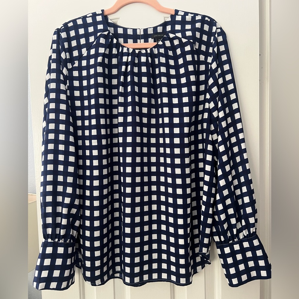 Ann Taylor Navy and White Grid Blouse